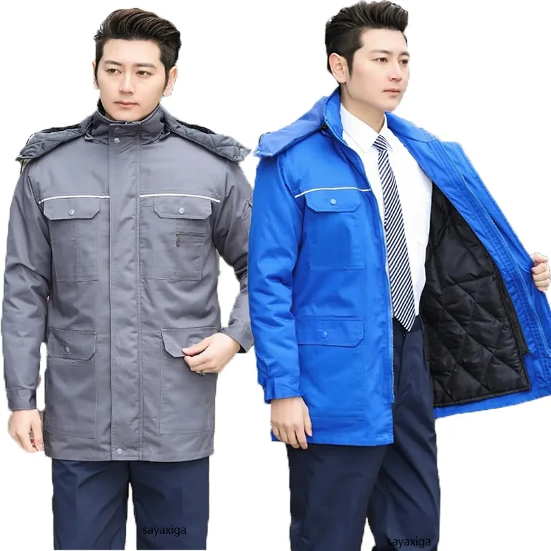 

Multi Pockets Work Clothing Warm Thick Cotton Padded Hooded Working Jacket Reflective Stripes Safety Jacket Coat Repairman Suits