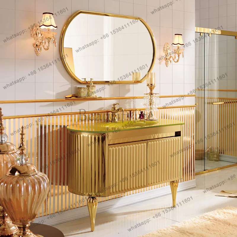 European gold wash basin bathroom cabinet combination stainless steel washstand