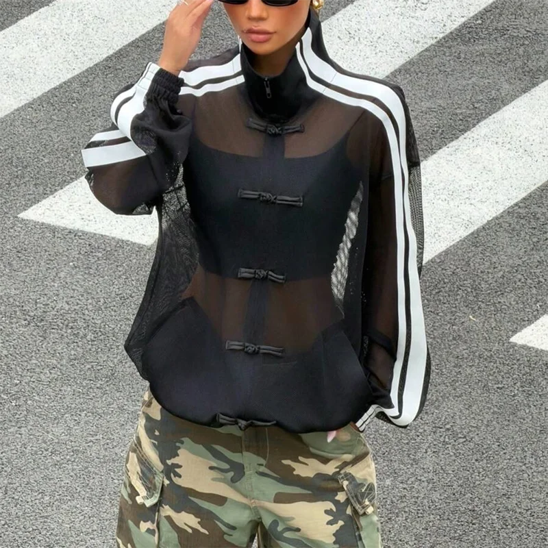 Damen-Mesh-Sweatshirt-Jacke mit Reißverschluss, Stehkragen, Kontraststreifen, Langen Ärmeln, Froschknöpfen, Lockerer Passform, Y2K-Streetwear – Detail 7