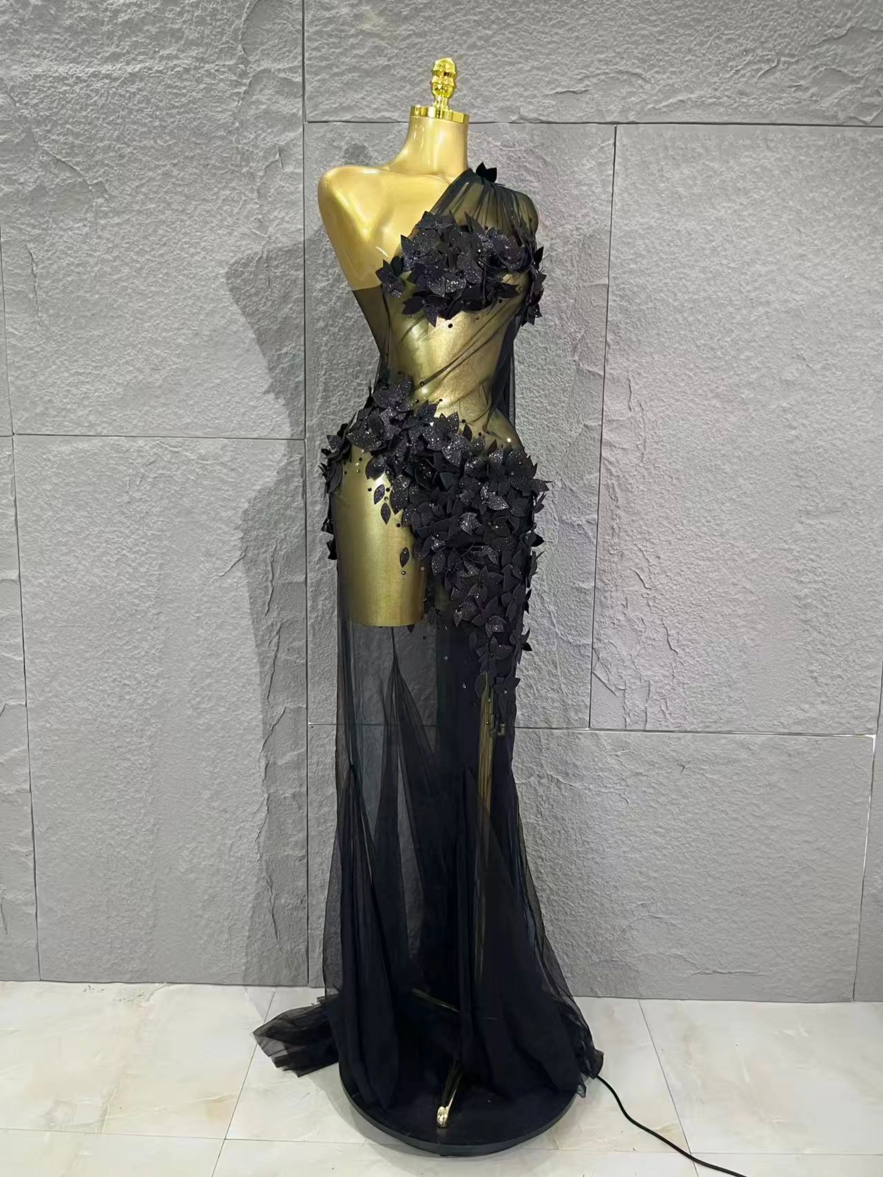 

Glamorous One - Shoulder Mesh Perspective Maxi Dress Embellished 3D Floral Appliqués Gala Red Carpet Formal Party Cocktail Party