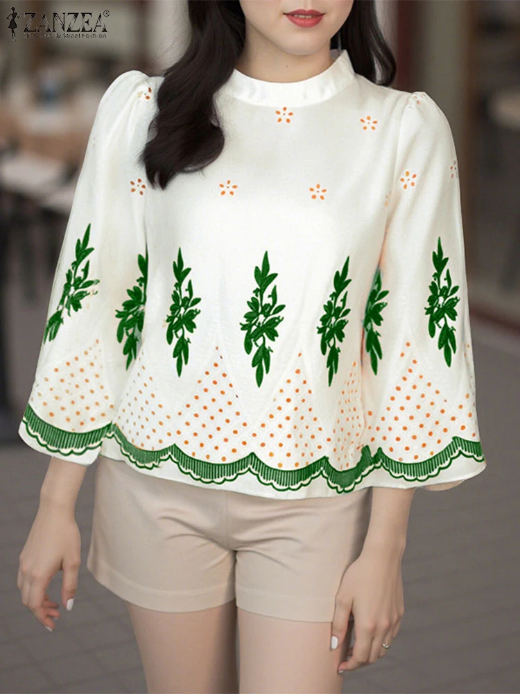 

ZANZEA 2025 Women Summer Blouse Print Elegant Shirt Fashion Stand Collar Puff Sleeve Tops Casual Tunic Korean Office Lady Blusas