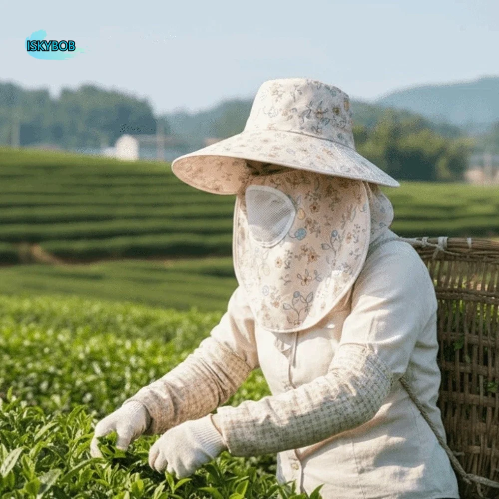 

Thin With Mask Picking Tea Hat Floral Detachable Sunshade Shawl Cap Lightweight Polyester Neck Protection Hat Spring / Summer