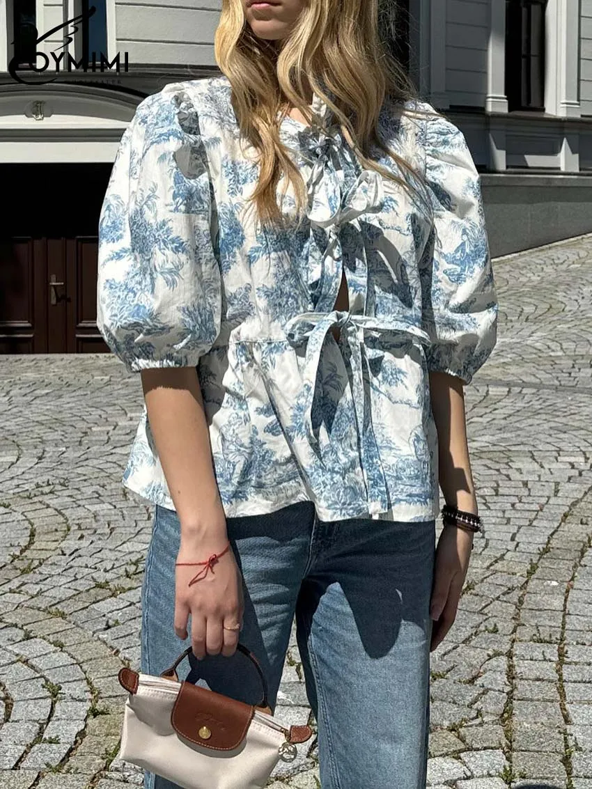 Oymimi Fashion Blauwprint Damesshirt Casual O-hals Overhemden Met Halve Mouwen Herfst Elegante Losse Blouses Streetwear Met Veters