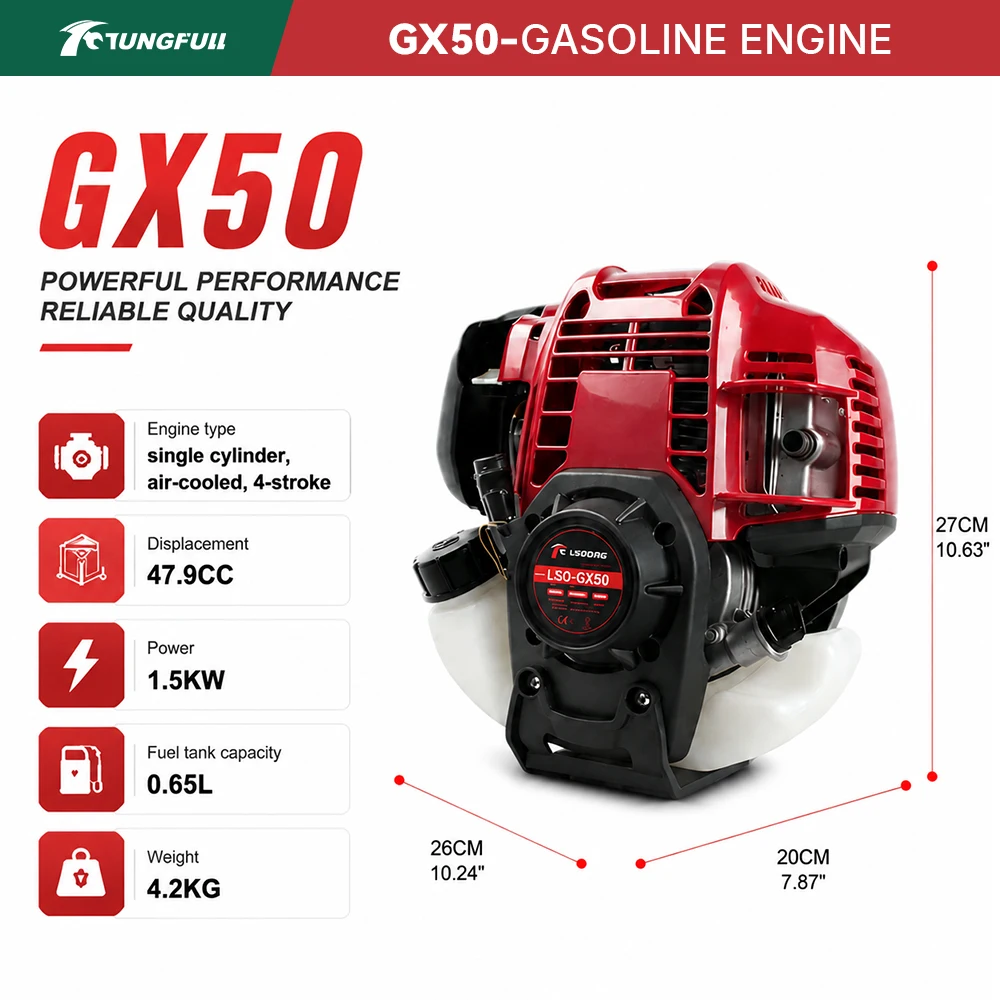 TUNGFULL GX50 Benzine Motor 4-takt Luchtgekoeld Eéncilinder 47.9CC 1.5KW Draagbare Krachtmotor voor Vervanging van Tuingereedschap