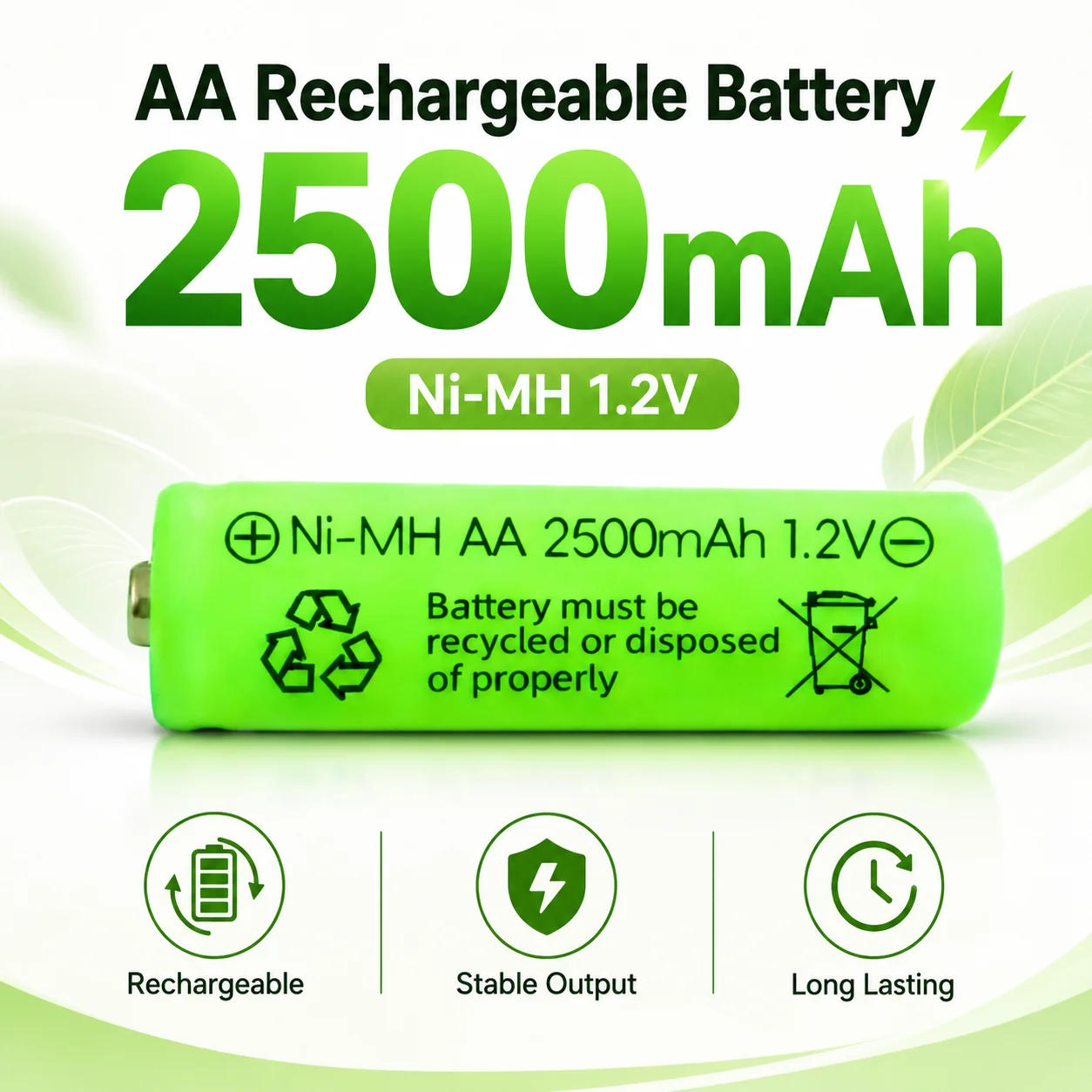 

High Capacity 2500mAh 1.2V AA No.5 Ni-MH Battery Rechargeable Replacement Battery For Daily Electronics
