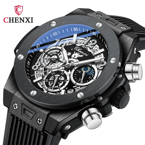 Imagen 2 del producto CHENXI, reloj militar deportivo de silicona a la moda para hombre, relojes multifuncionales impermeables luminosos de cuarzo con fases lunares estrelladas para hombre