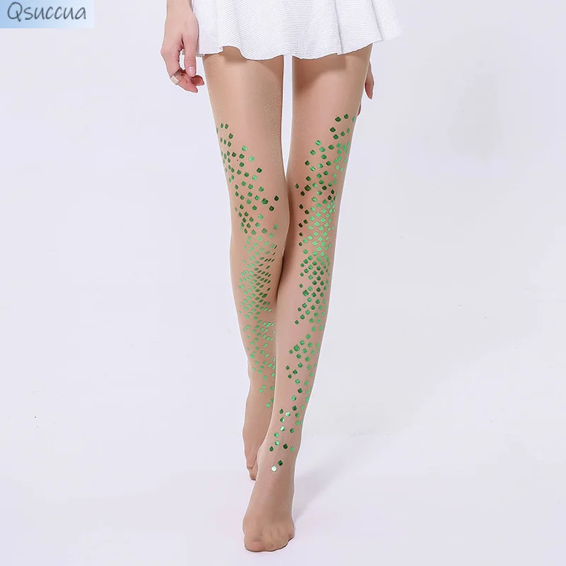 Thin Stockings Mermaid Bikini Bright Pearlescent Nylon Non-Hook Hot Silver Printed Tattoo Socks Women