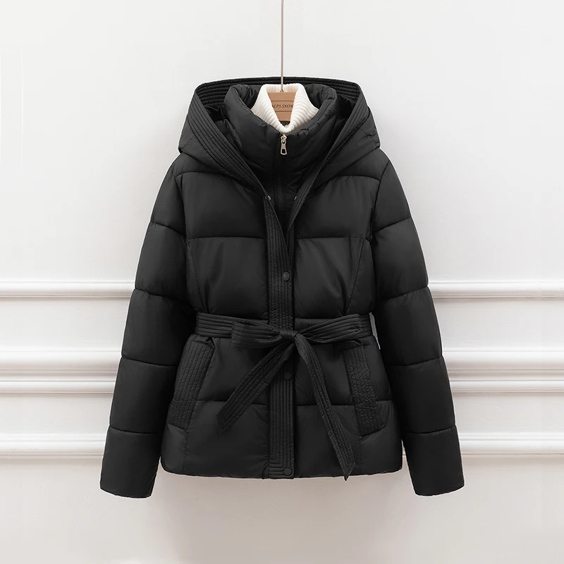 

ort Padded Cotton Jaet Women Thiened Winter Coat with Hoodie Slimming Design Waist-Cinching Trendy Outerwear