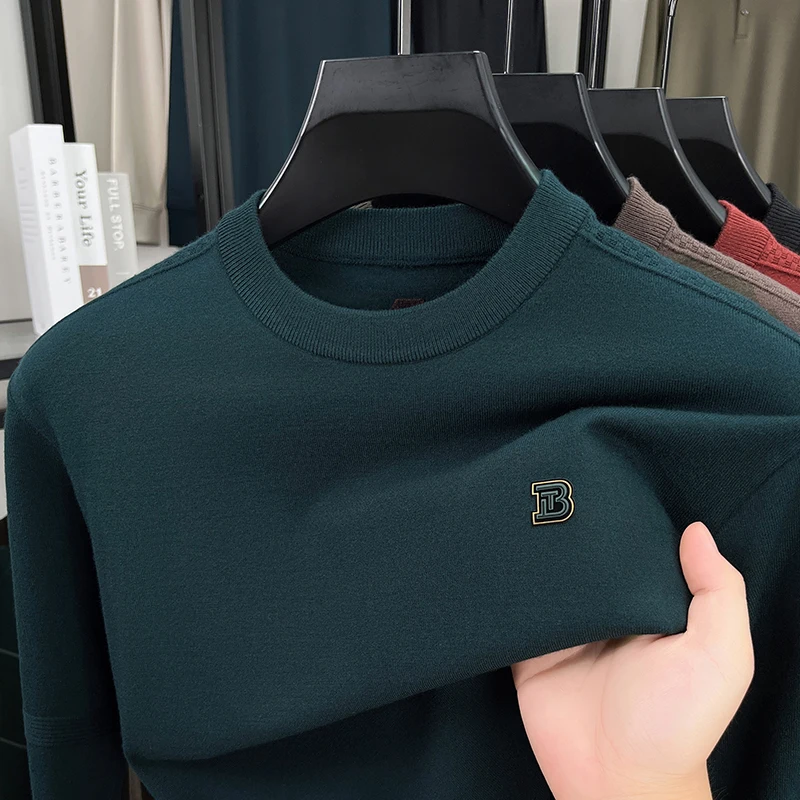 เสื้อสเวตเตอร์ไหมพรมคอ tròn ผู้ชาย สำหรับฤดูใบไม้ร่วงและฤดูหนาว  สไตล์ลำลองสำหรับวัยรุ่นและธุรกิจ  สีพื้น  ผ้าแคชเมียร์
