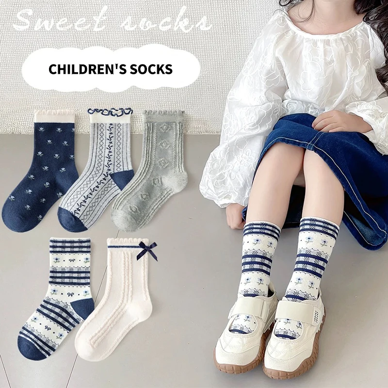 5 Pairs Girls Lace-Trimmed Mid-Calf Socks Vintage-Combed Cotton Soft Stretchy Comfortable Stockings for Kids