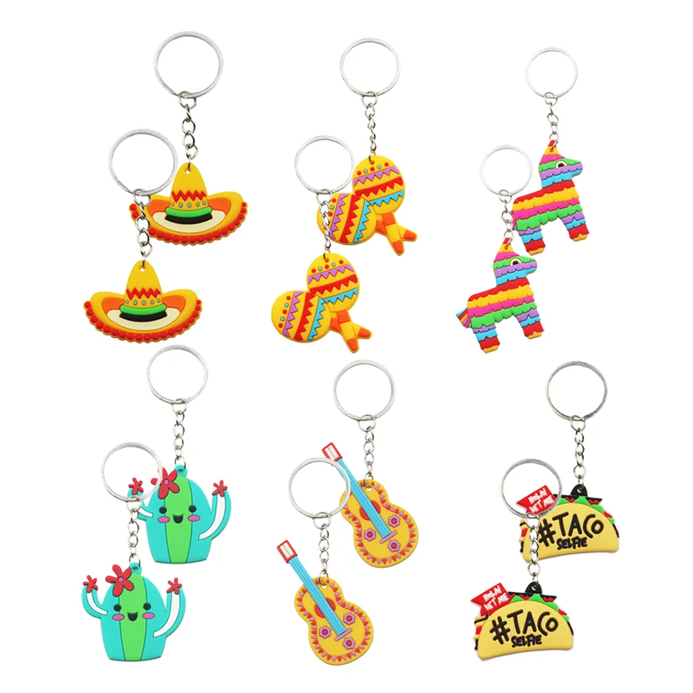 12 Pcs Key Chain Funny Keyring Hanging Pendant Keychain Gift Hot Dog Cactus Keychains for Kids Pvc Mexican Bag