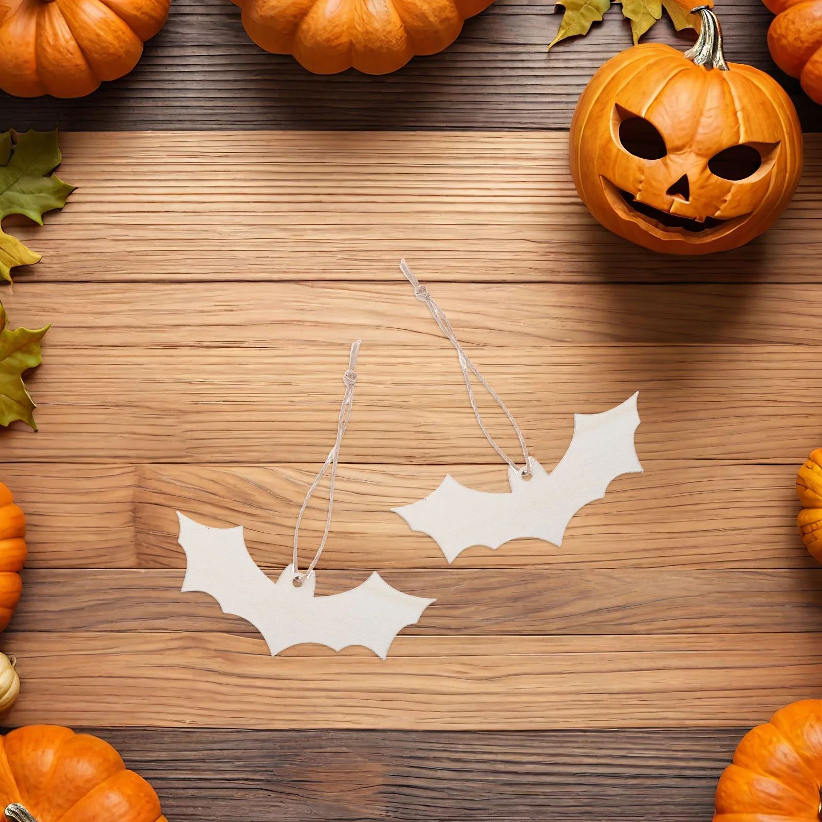 

50 Pcs Halloween Decoration Pendant DIY Wooden Decorations Bat Chips Unfinished Blank Slices Hemp Rope Cutouts Hanging
