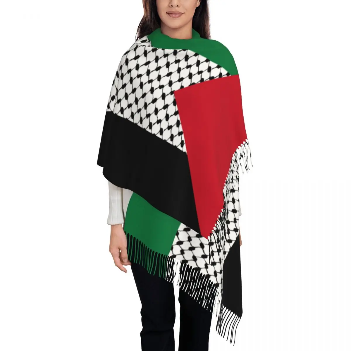 Womens Scarf with Tassel Palestine Flag Long Winter Warm Shawl and Wrap Kufiya Keffiyeh Palestinian Daily Wear Pashmina Scarves