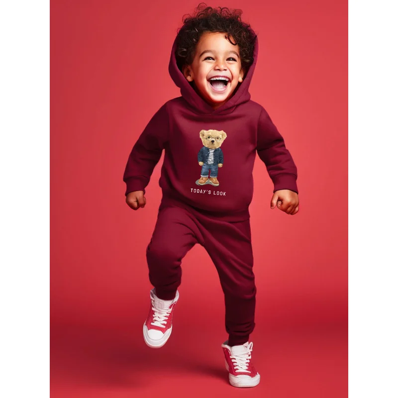 Spring and Autumn Boys Long sleeved Hoodie Set Cartoon Cute Little Bear Letter Printed Versatile Pants Two Piece Set 2353A