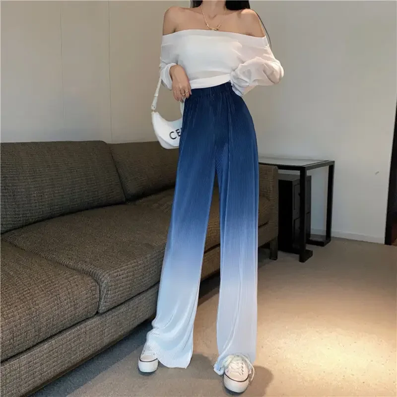 Black Straight Leg Women\'s Pants Elastic Waist High Gradient Clothing Blue Trousers for Woman Long Korean Fashion Autumn Nylon G