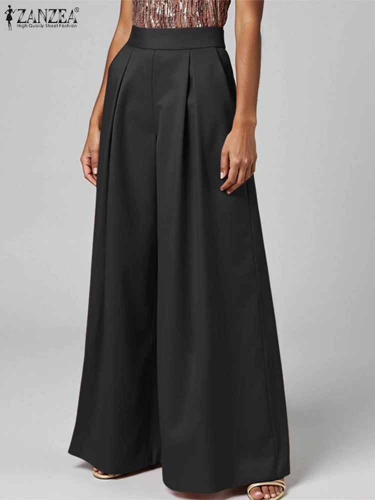 

ZANZEA Fashion Women High Waist OL Work Pants 2025 Summer Trousers Elegant Wide Leg Pantalon Solid Pleated Satin Long Palazzo