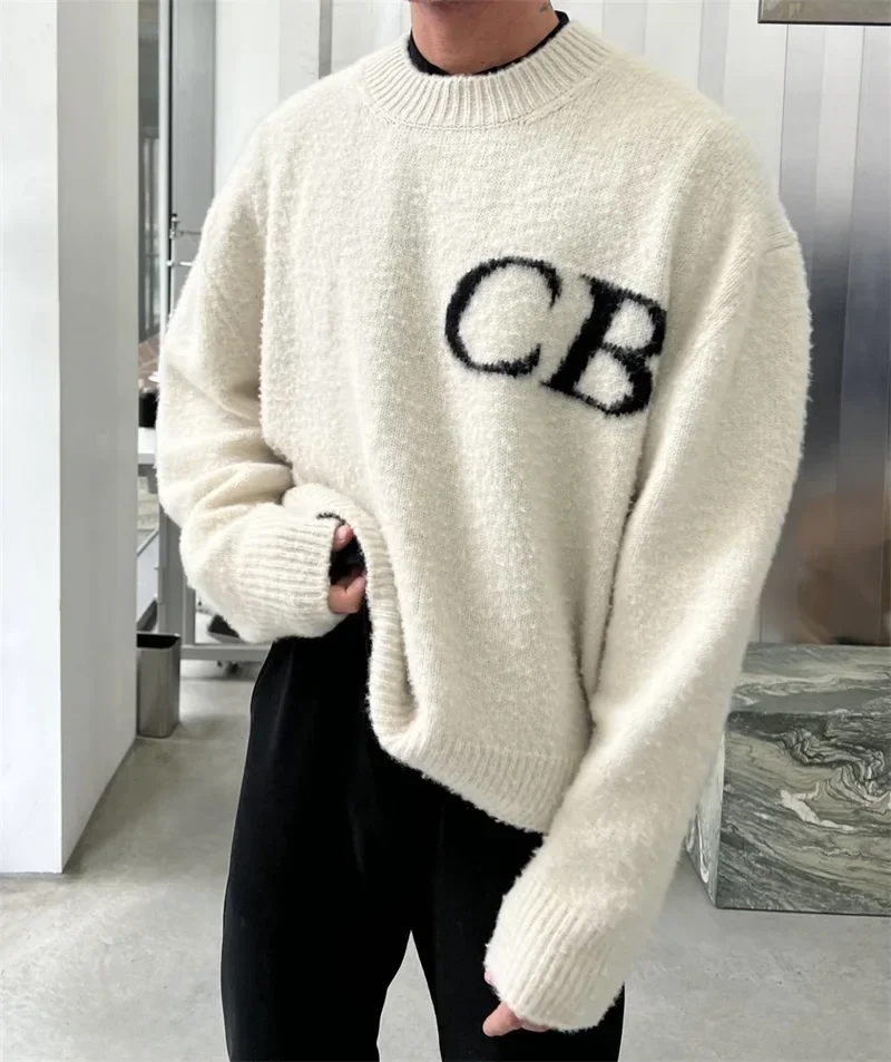 25ss Oversized CB Logo Woolen Sweater Top Quality CB Jacquard Crewneck Mens Knit Pullovers Casual Women Black Hoodies