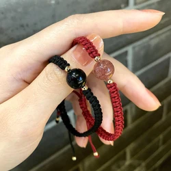 Energy Bracelets Bangles Natural Black Rainbow Eye Obsidian Bracelet Couple Hand Woven Lucky Red Rope Beads Ball For Men Women