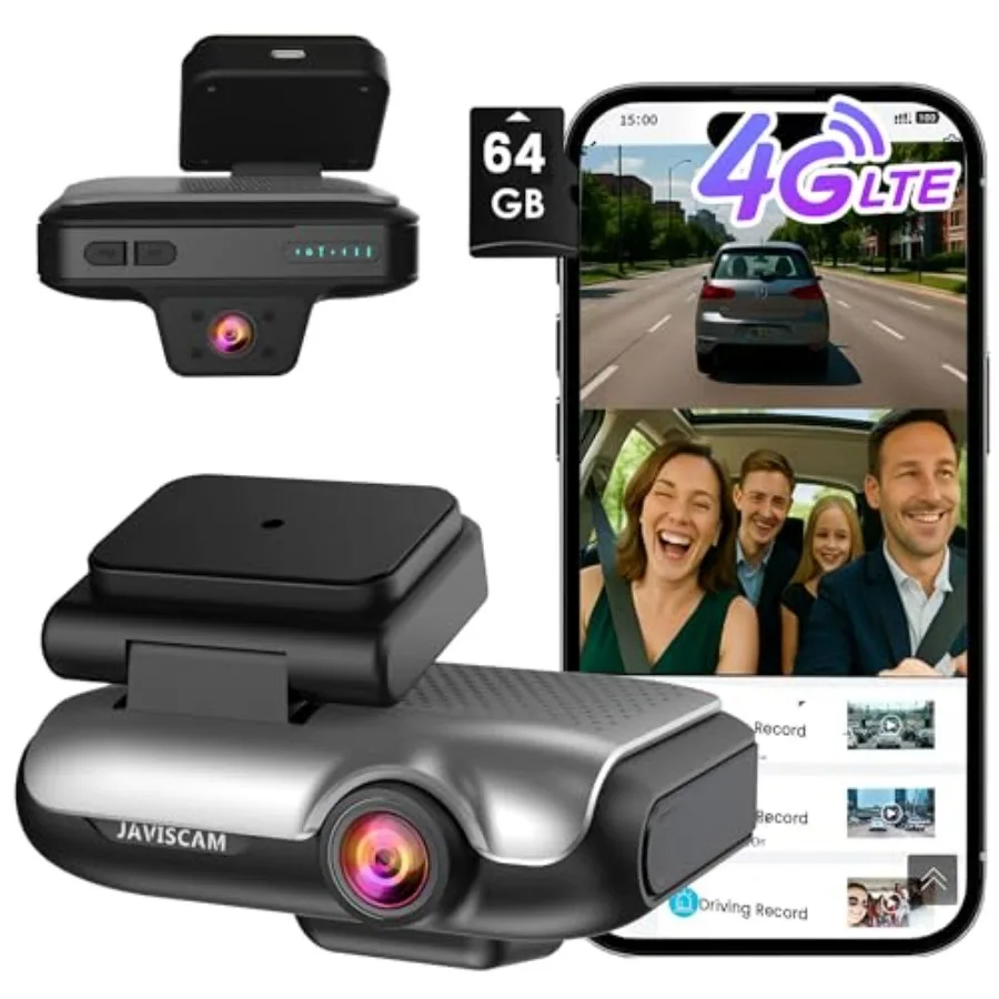 

4G Car Security Camera for vehicle monitoring: dual LTE dash cam with 64GB card, front interior 2K camera, black housing, remot
