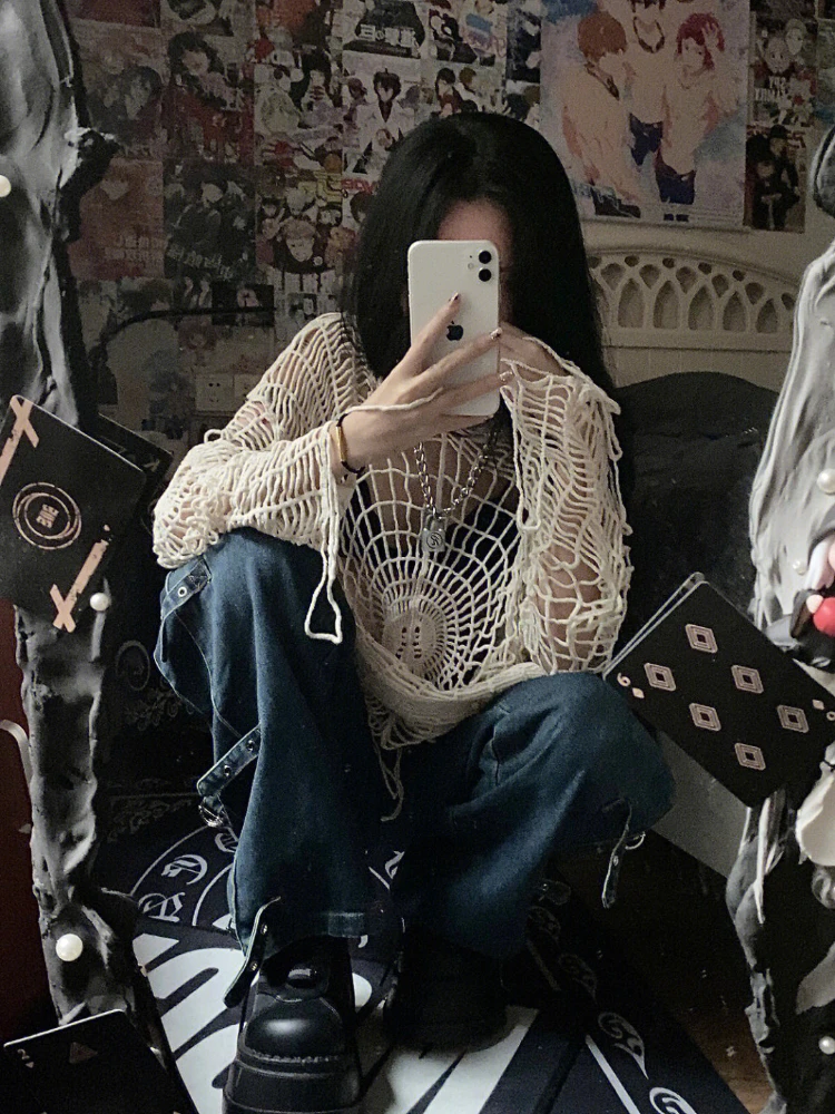 ADAgirl Y2k Spider Web Hollow Out Sweaters Hole Crochet Knit Top Punk Grunge E-Girl Pullover Hoohed Streetwear Goth Mesh Clothes