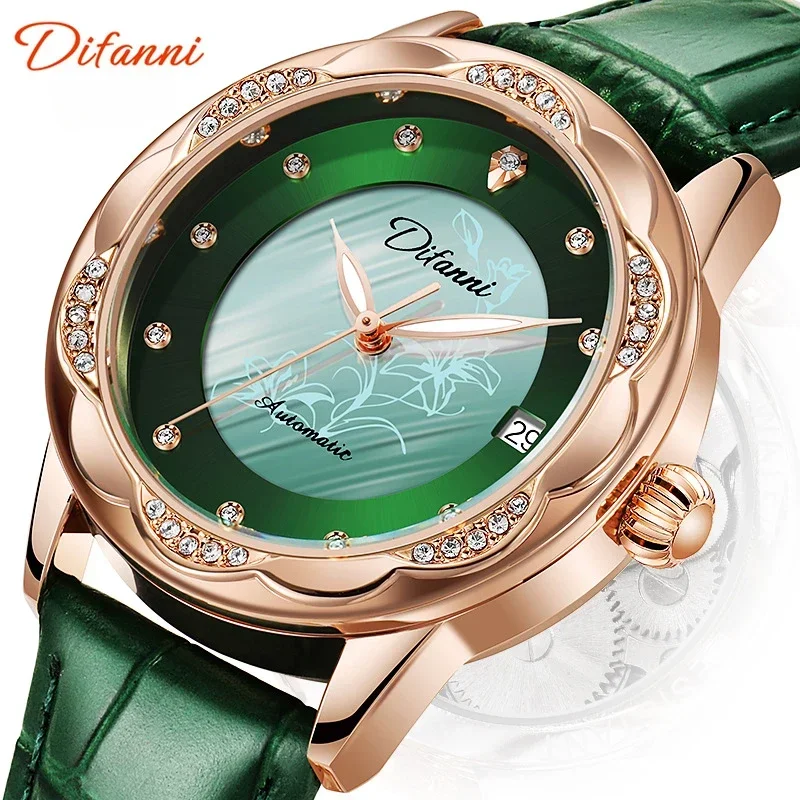 Automatic Women Mechanical Watch Imitation Diamond Luminous Waterproof Mechanical Watch Women Sports and Leisure Calendar Watch