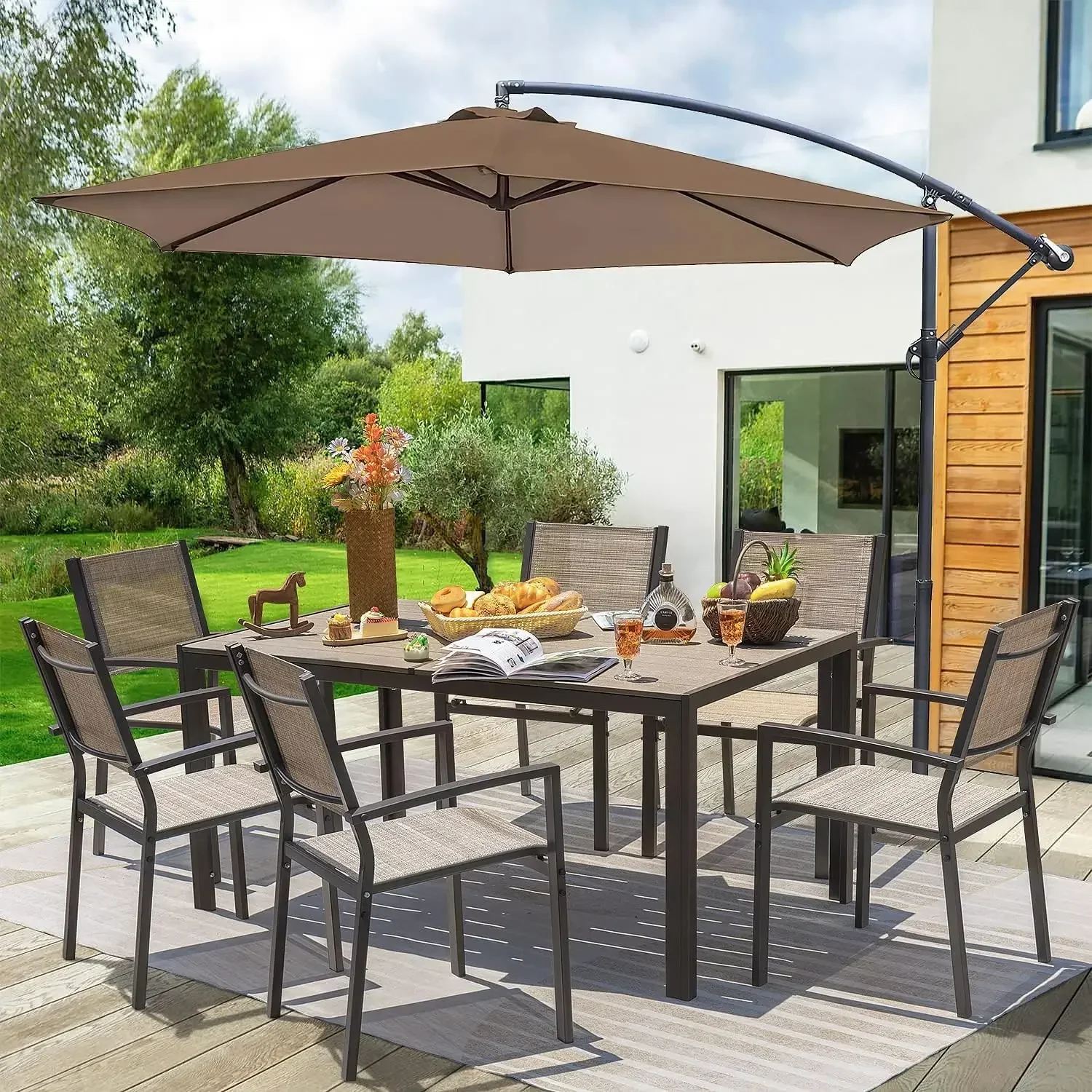 Patio Dining Set 7 Pieces Outdoor Furniture with Large Table and 6 Textilene Chairs for Porch, Brown