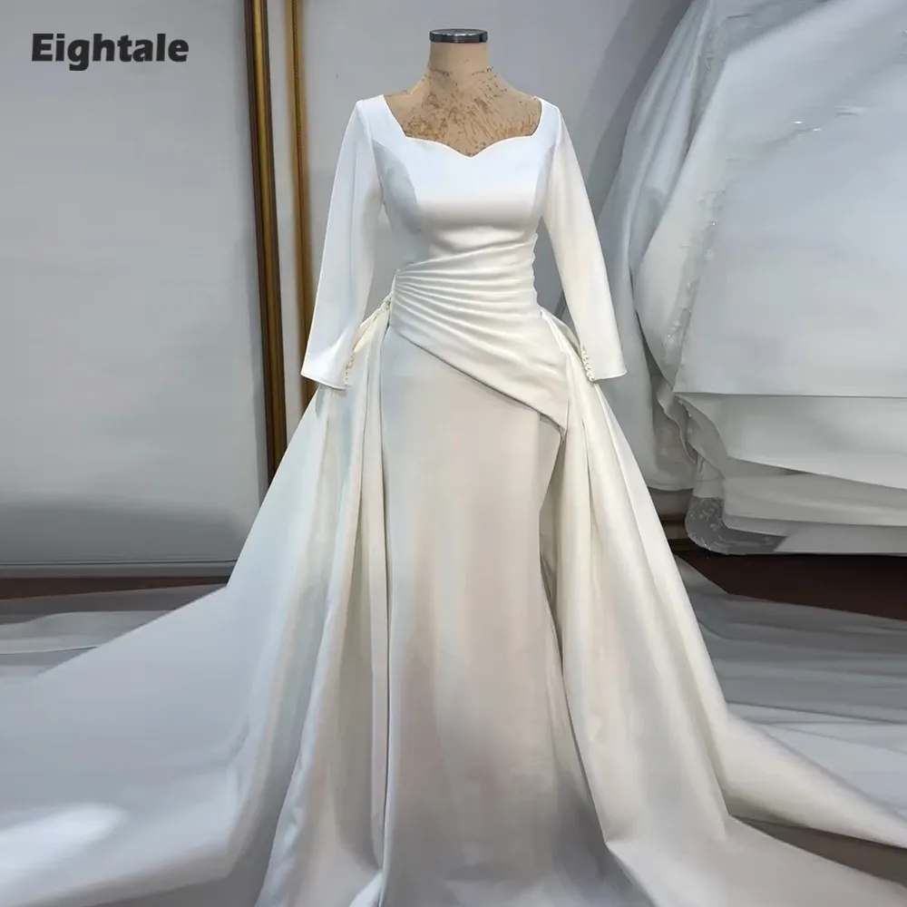 

Eightale Arabic Wedding Dress Sweetheart Customized White Ivory Mermaid Long Sleeves Muslim Satin Bridal Gown Robe De Mariée
