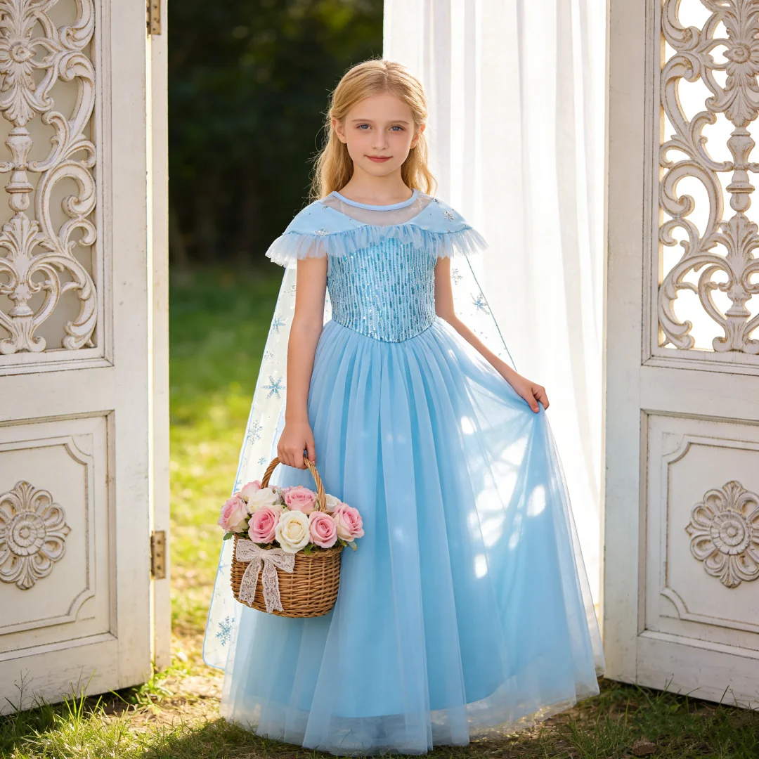 

Girls Ice Snowflake Fashion Party Dress Girl Cosplay Trailing Dresses Kids Birthday Holiday New Gown Children Evening Wear