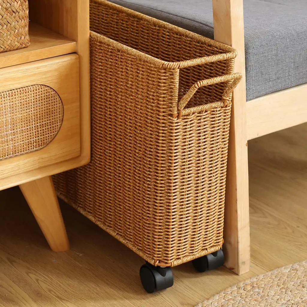 Plastic Woven Storage Basket with Handle Narrow Magazine Rack Organizer Storage Bin for Study Home Accessories