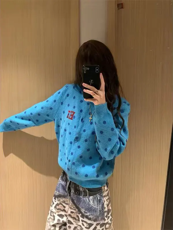 

plus Size 300 Pounds American Retro Polka Dot Open Cardigan Sweater Women's Autumn Winter Lazy Style Loose Knitted Outerwear