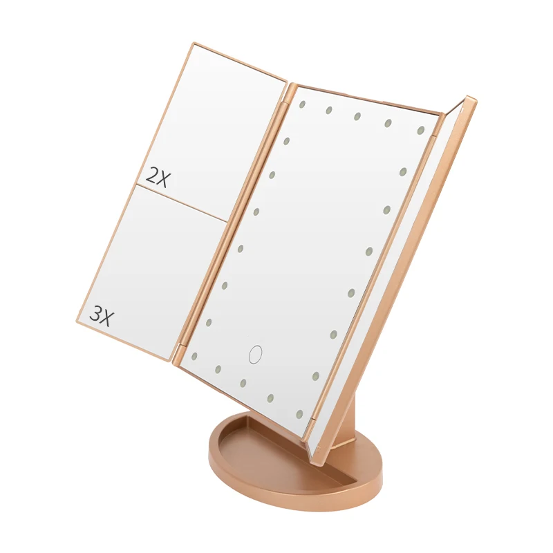 Desktop Triple Fold Makeup Mirror 2X/3X Magnification True-View Lighting Battery or USB Powered Portable Desktop Dressing