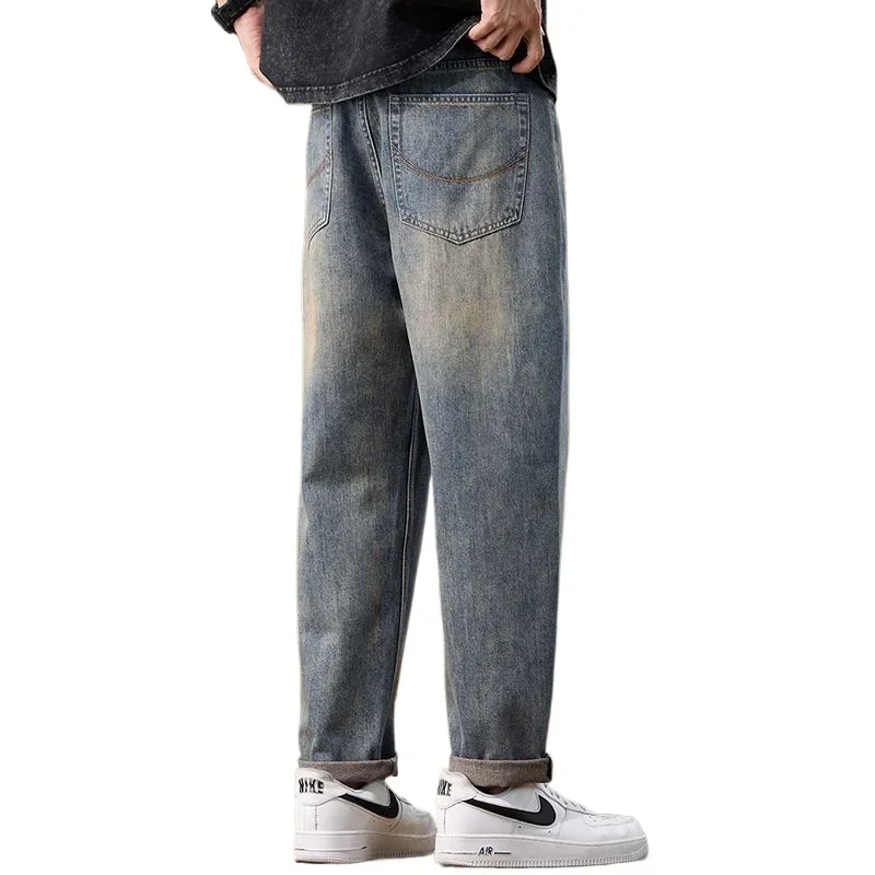 Neue Vintage-Jeans für Herren, schmale Passform, bestickt, gerade, trendige Denim-Hose, hohe Taille, elastische Taille, atmungsaktive Herren-Baggy-Hose