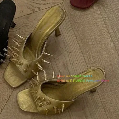 Extra Long Silver Spikes Mules Sqaure Toe Black Patent Leather Rivets High Heel Slippers Ladies Designer Brand Dress Shoes