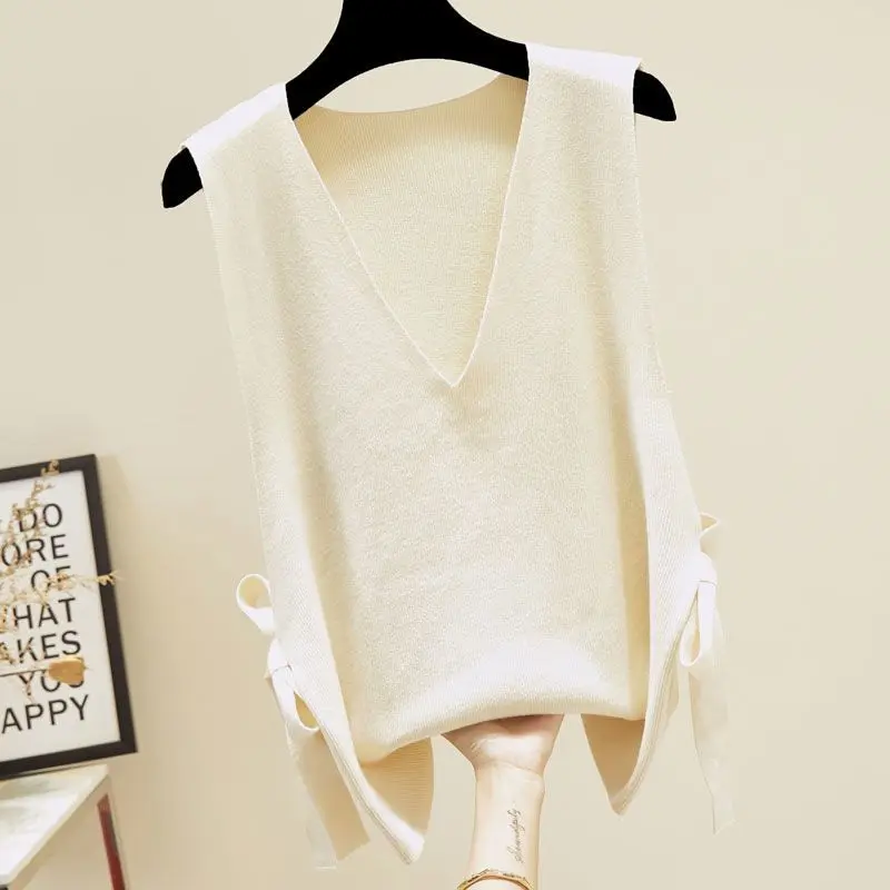 Suéter feminino casual monocromático com decote em v, colete coreano sem mangas, macacão com cordão, roupa básica, primavera, outono, moda