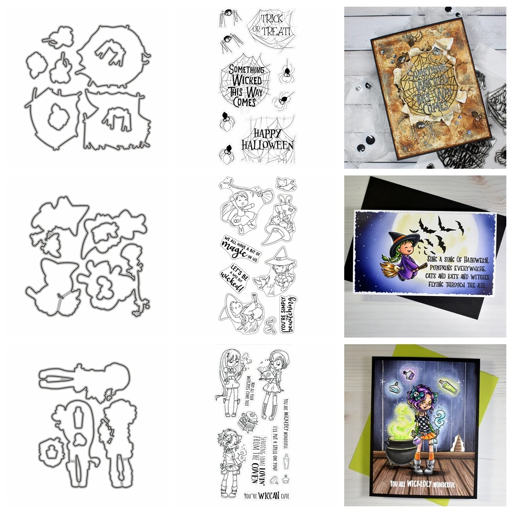 Süßes oder Saures Happy Halloween Words Clear Stamps Witch Girl Spidernet Silhouette Metall-Stanzformen für DIY-Scrapbooking-Karten