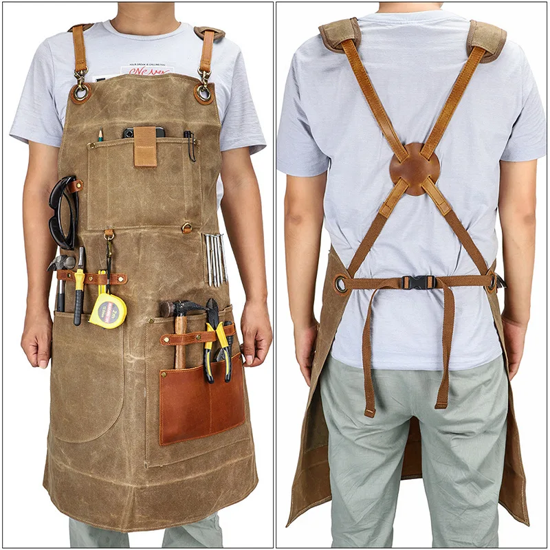 American Style Wax Dyed Anti Splashing Canvas Apron Multifunctional Pocket Apron Hairdresser Carpenter Work Uniform Apron