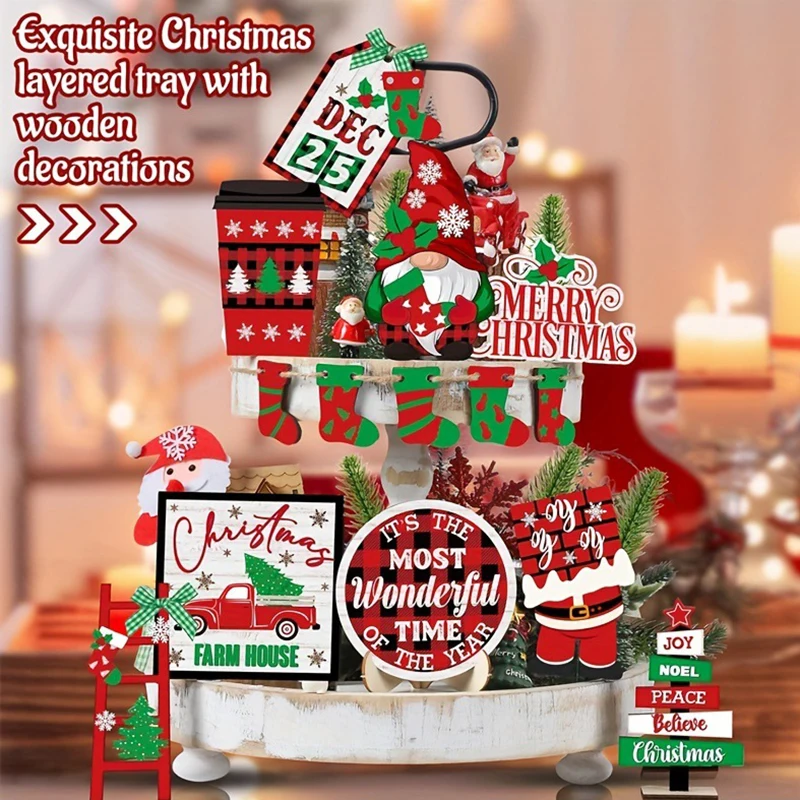 14 Uds. Decoración navideña de bandeja escalonada, medias navideñas, camión Gnomo, carteles de madera de Feliz Navidad, decoraciones de mesa navideñas