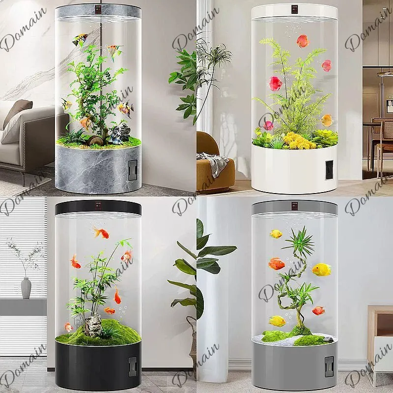 Round Cylinder Fish Tank Medium Floor Standing Smart Eco Glass Column Aquarium for Living Room