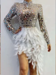 2023 Sparkly Silver Sequins Feather Dress Women Birthday Celebrate Wedding Bar DS Latin Dresses Dance Dress