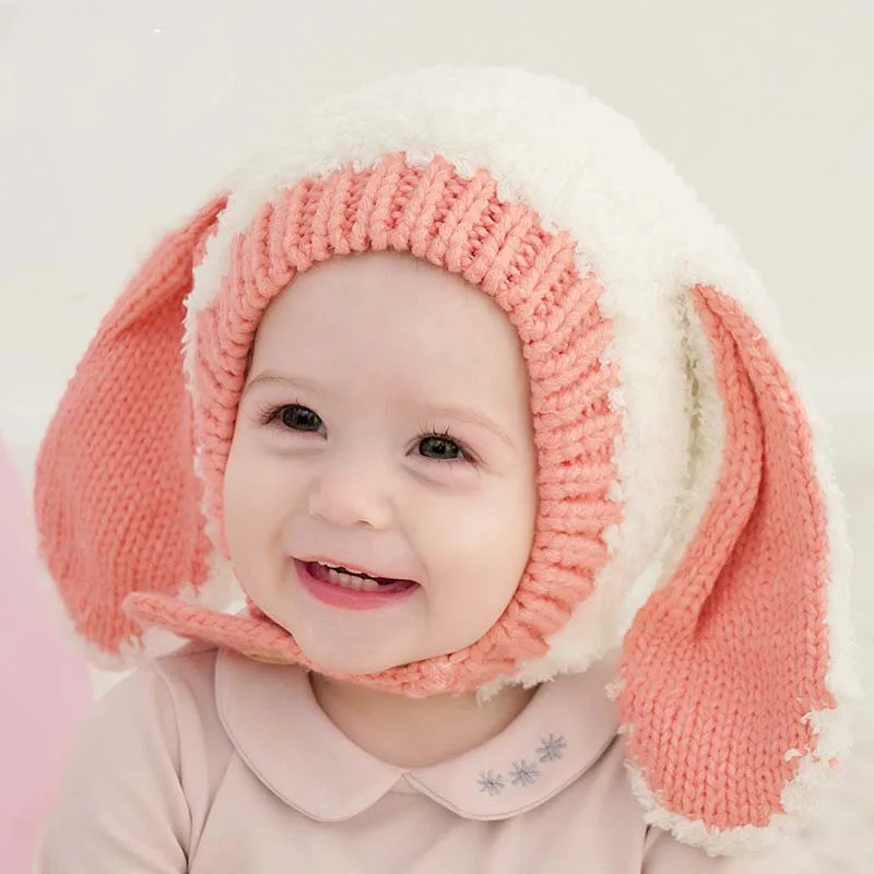 Korean Rabbit Ear Baby Hats Knitted Cartoon Plush Infant Hat Cute Soft Autumn Winter Outdoor Head Accessories Adjustable Hatband