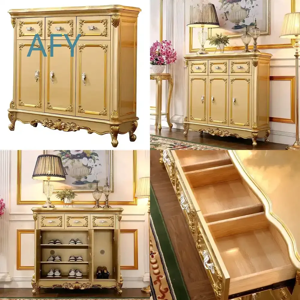 Home European Style Shoe Cabinet for Small Apartment Foyer Entrance Storage Cabinet Solid Wood Golden Color Living Room