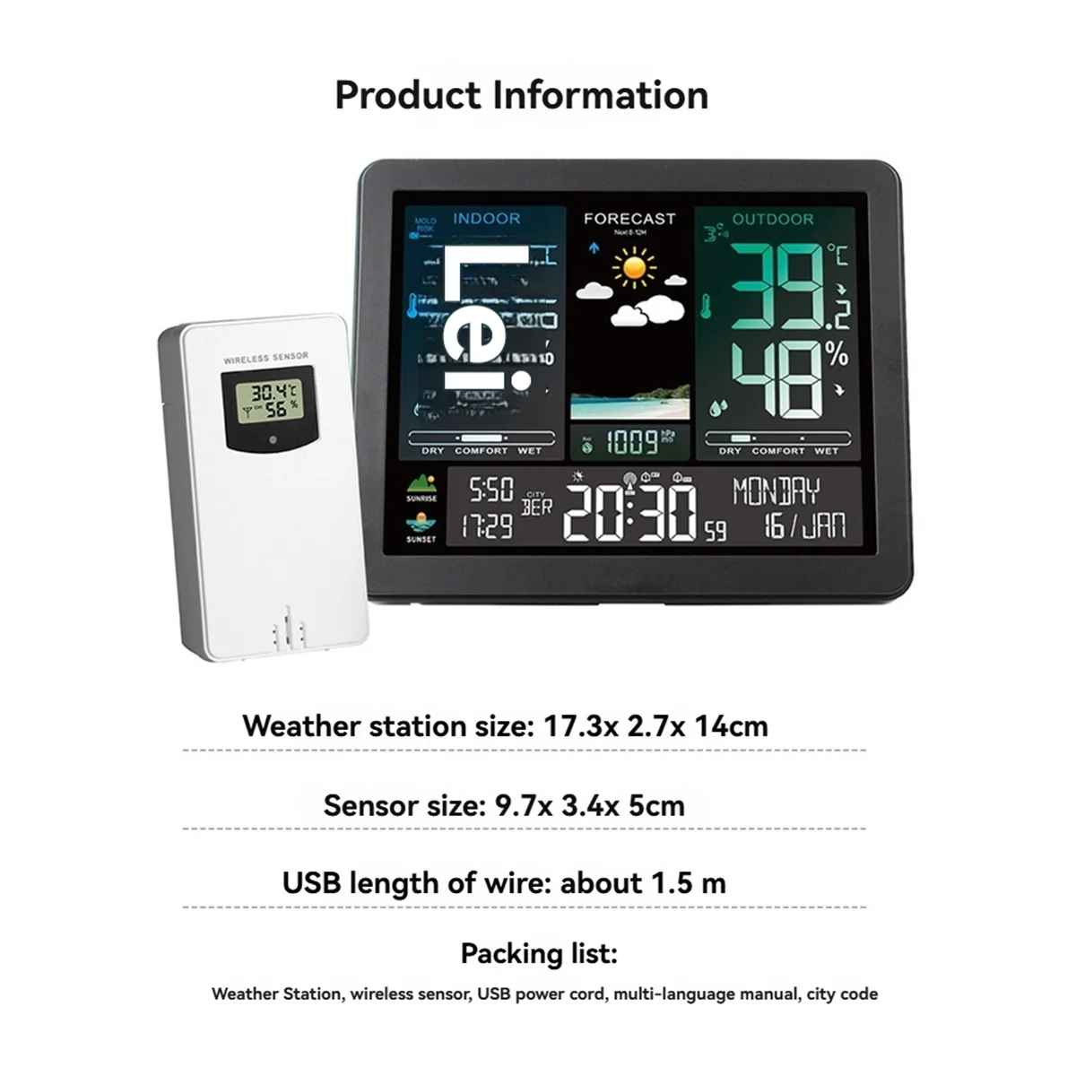 

GET! USB Plug Outdoor Thermometer Multifunctional Weather Clock Digital Wireless Thermometer Wireless Hygrometer