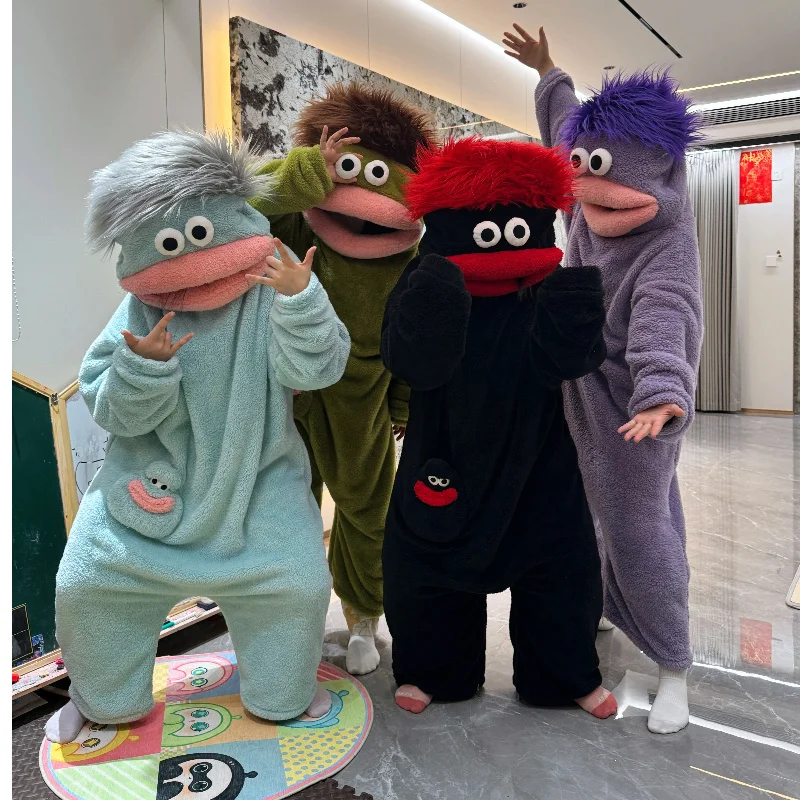 green-big-mouth-monster-coral-fleece-onesie-pajamas-winter-thickened-funny-ugly-cute-hairy-fish-home-wear-for-adults-couples
