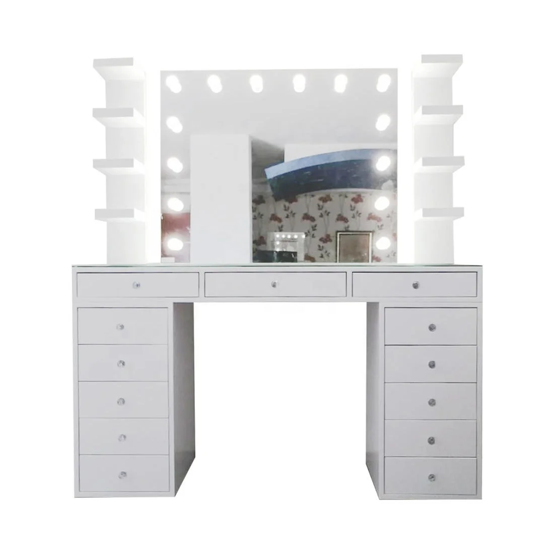 ⅹ−Ulink HOT Luxury Design Makeup Desktop Wood Dressing Table Mirror Makeup Vanity With Led Bulbs&
