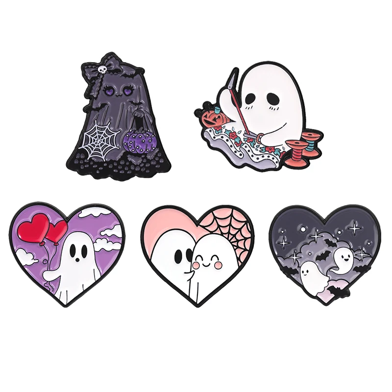 Cute Heart Ghost Boo Enamel Pins Halloween Spooky Bat Spiderweb Sewing Ghost Boo Brooch Bag Lapel Badge Jewelry Gift for Friends