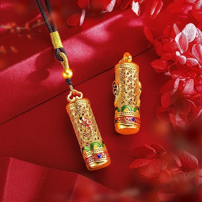 

9999 Real Gold 24K Hollow Flower Silk Enamel Color Double Sided Koi Pendant Burnt Blue Goldfish Black Rope Necklace