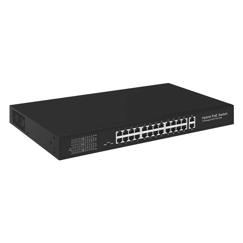 Unmanaged BT PoE switch with 2*1000M RJ45 ports and 24*10/100M PoE ports, 1-2 ports support IEEE802.3af/at/bt PoE standard,