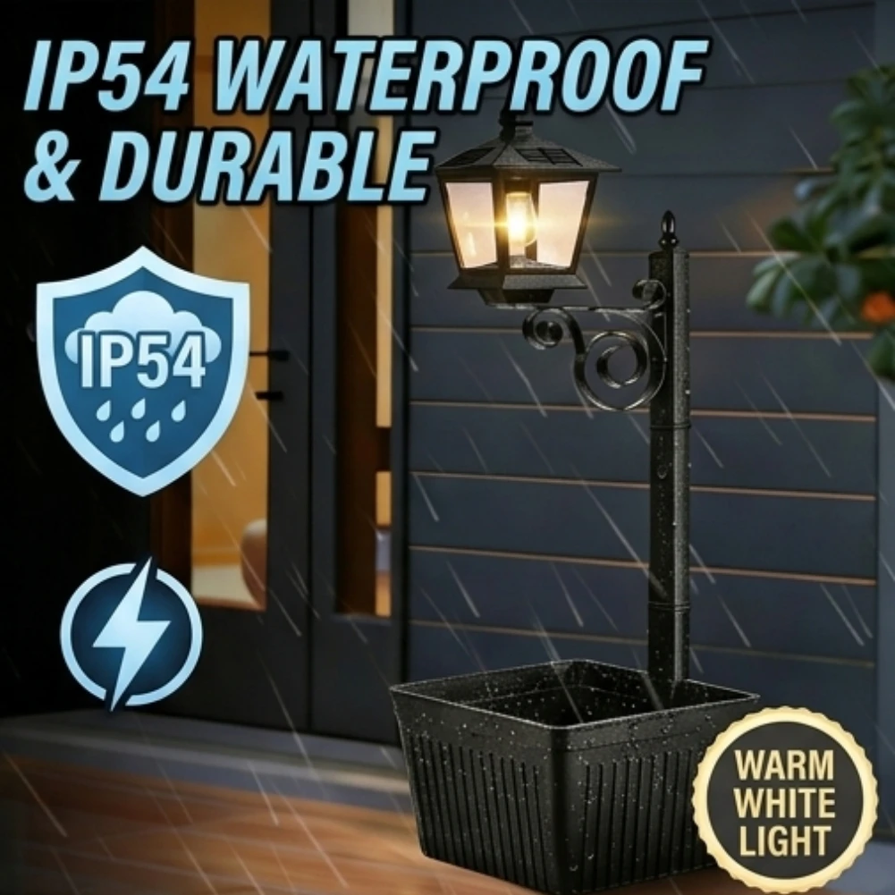 

Metal Iron Garden Planter with Solar Lamp 2 in 1 Waterproof Decorative Standing Light Warm White LED For Patio Porch