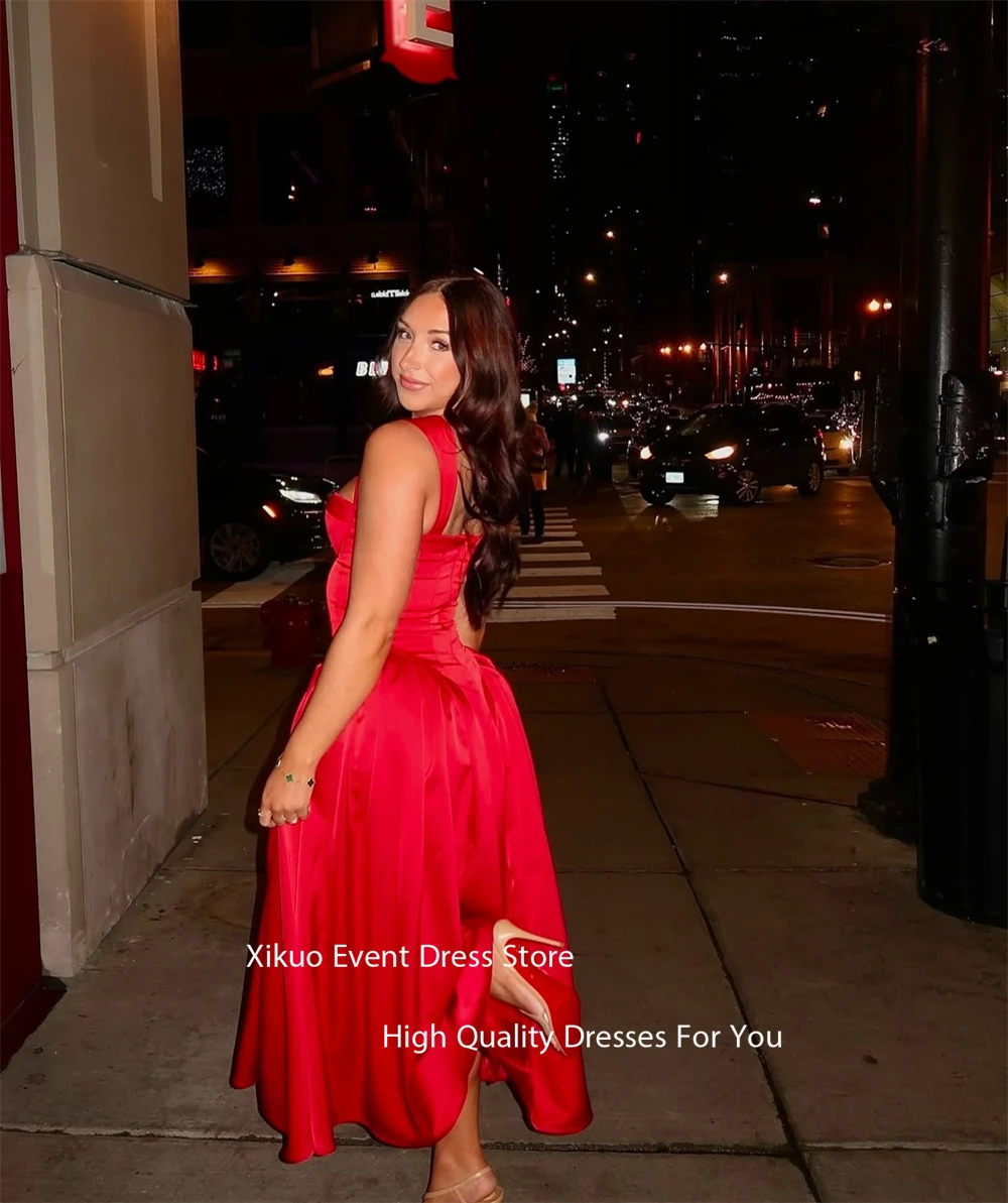 Xikuo Red Satin A Line Evening Dresses Spaghetti Straps Pleated Ankle Length Robes De Soirée Pleated Prom Dresses Customized