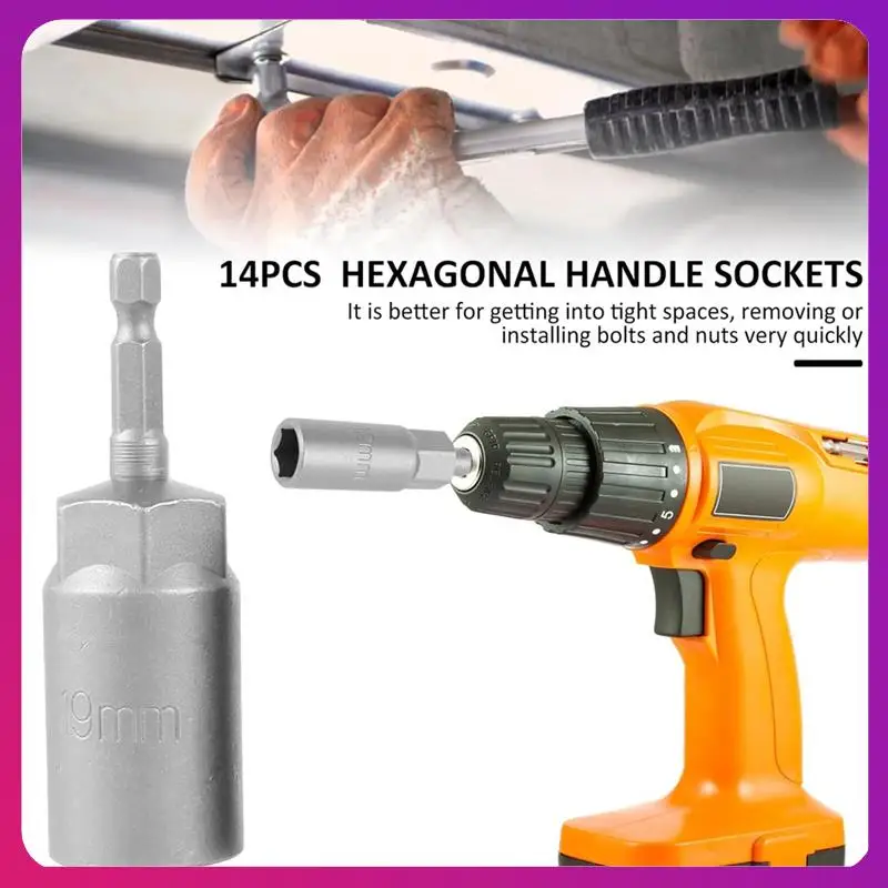 14 Piece Hexagonal Sockets Set As Shown 6-19Mm Deep Socket Adapter Kit Hex Shank Nut Driver Bits Set Quick Change Nut Setter